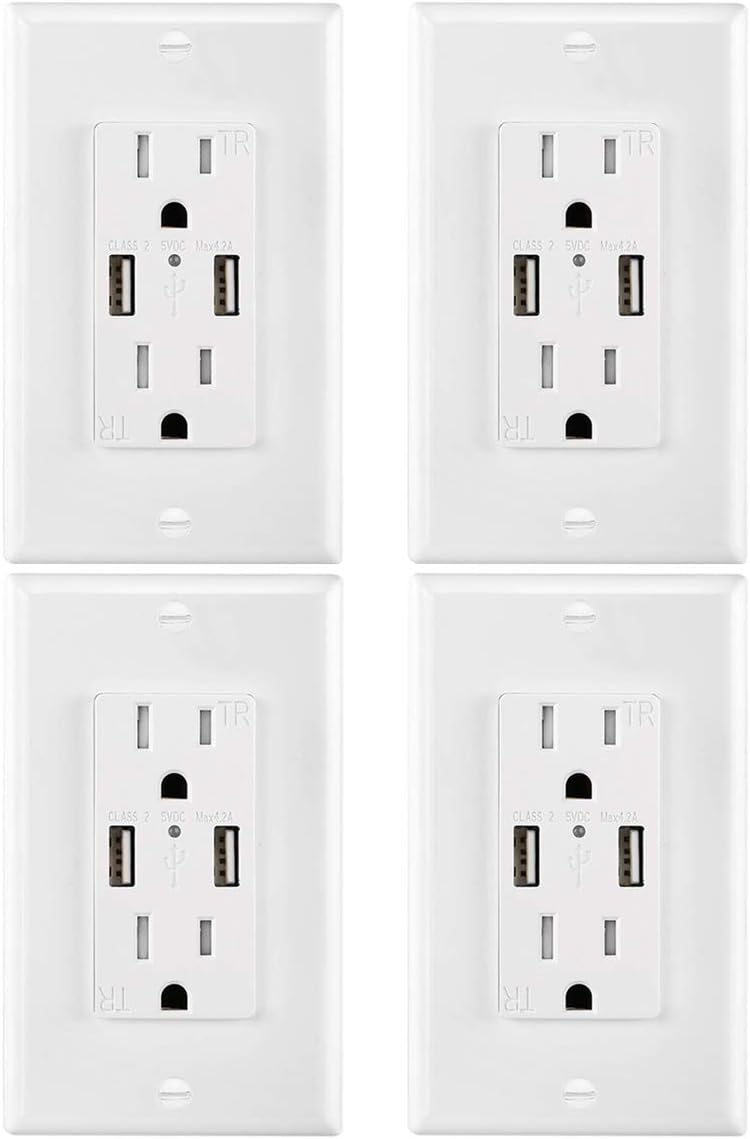USB Outlet Wall Charger Outlet 4 Pack, 4.2A High Speed Decora Outlet Receptacle with Dual USB Ports 15A 125V 60Hz Tamper Resistant & Free Wallplate, White