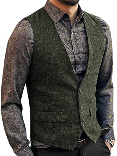 Zeattall Men'S Herringbone Tweed Wool Suit Vest Single Breasted Slim Fit Waistcoat Vest cover