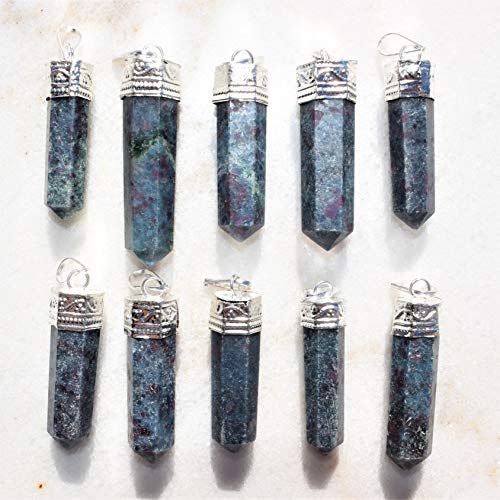 Zenergy Gems Selenite Charged Faceted Hand-Made Natural Blue Kyanite Ruby Crystal Pencil Point Pendants + Selenite Heart Charging Crystal [Included]3