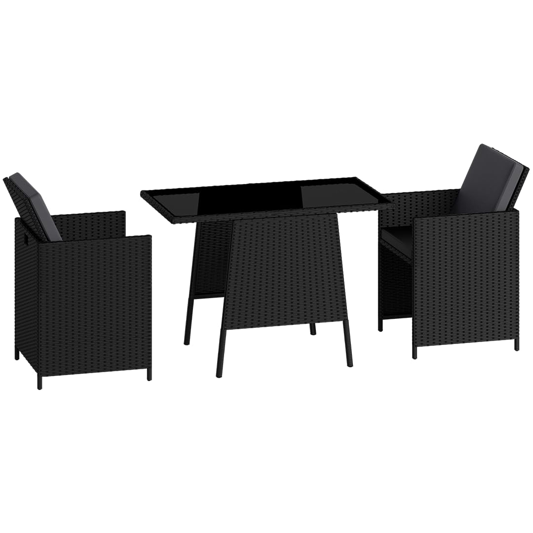 STEELSØN Xenara Essgruppe 3-teilig Schwarz/Anthrazit – Balkonmöbel Set platzsparend – Outdoor Rattan Sitzgruppe – klappbare Stühle mit Sitzkissen – Tisch mit Glasplatte – Gartengarnitur für 2 Personen