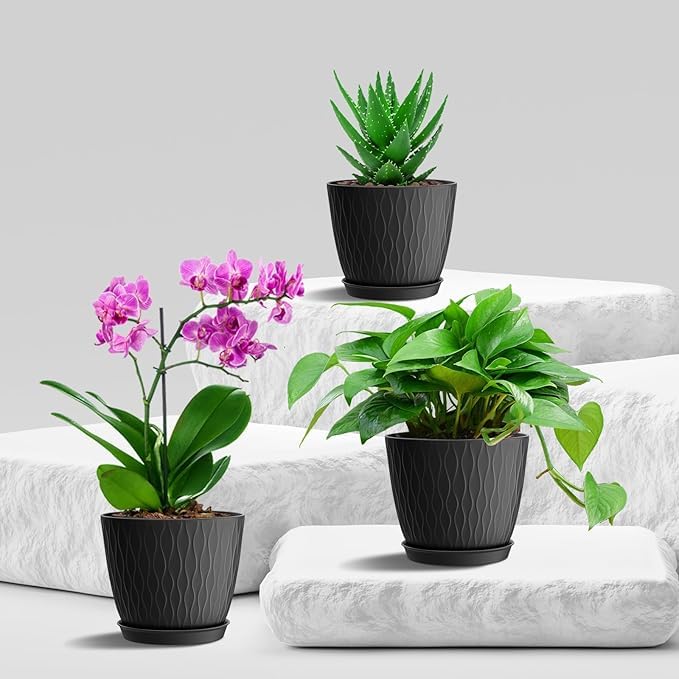 Image of StyleX Store Plastic Round Flower Pots with Drainage Hole Saucers | Durable Outdoor Indoor Wave Pattern Planters with Tray | Plant Containers for Garden, Office, Balcony and Home (Set of 5, Black)