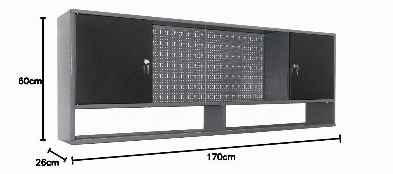 Germania Werkstattschrank 170 x 60 x 26 cm 4-teilig zur Wandmontage - Werkstatteinrichtung mit abschließbaren Türen, Lochwand & Ablagefläche