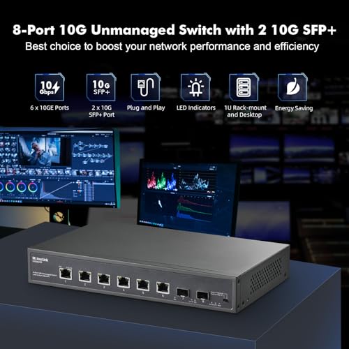 Image of MokerLink 8 Port 10Gbps Ethernet Switch with 2x10G SFP+ Slot, 6 Port 10G RJ45 Support 10G /5G /2.5G /1000M /100M Auto-Negotiation, 160Gbps Bandwidth Unmanaged Plug and Play Desktop|RackMount Switch
