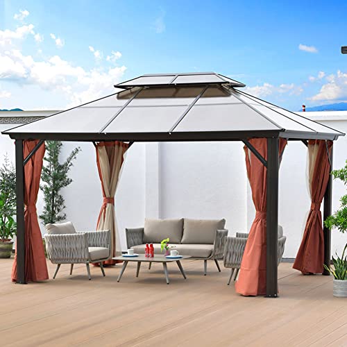 RNQZ Gazebo de Patio, Toldo de Gazebo para Exteriores de 3X4M, Policarbonato con Marco de Aluminio con Cortinas Toldo de Patio para Patios, Patio Trasero, Césped al Aire Libre,D