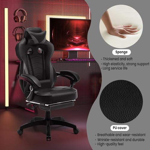 Sedia Gaming Ergonomica con Poggiapiedi, Livestreaming Girevole Poltrona Gamer con Poggiapiedi, Schienale & Sedile Grandi Comodo, Nero+Grigio - Sedia gaming - Immagine 5
