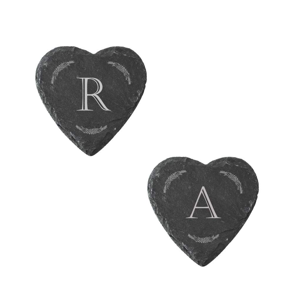 Eio Gifts Black Personalised Heart Slate Coasters With Initial And Border Design -Engraved With Your Initials