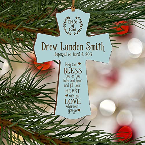 Image of LifeSong Milestones Blue Wood Baptism Cross Ornament: Remembrance and Gifts for Boys - 1st Communion, Baptismal, Christening, and Special Occasions