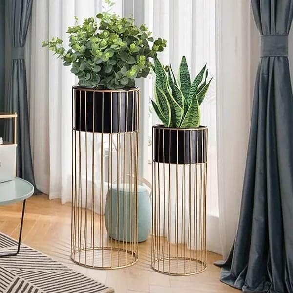 Metal Floor Planter Stand with Flower Pots Set of 2 for Home, Office, Hotels, Balcony Bedrooms Decoration Votive Stylish Metal Plant Stand for Indoor and Outdoor (Black & Gold)-image-5