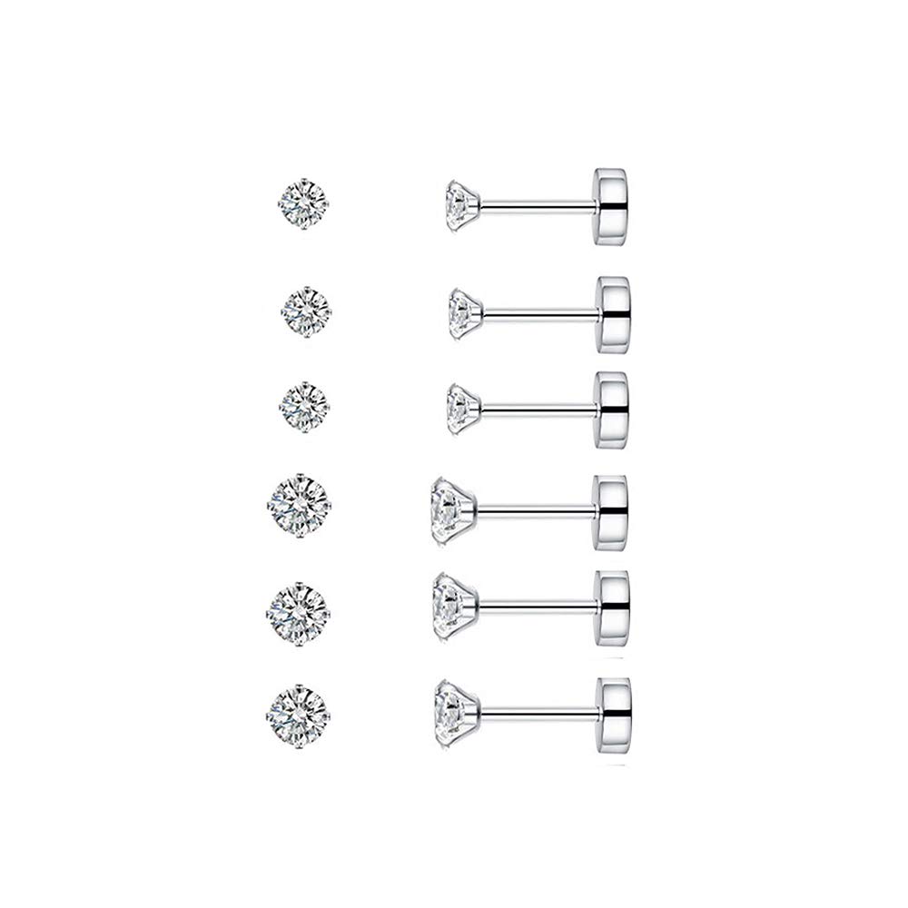 NewZenro6 Pairs 20G Stainless Steel Tiny Cartilage Ear Piercing Stud Earrings Round Cubic Zirconia Earring Barbell Tragus CZ Diamond Small Studs Earrings Set For Men Gils Women Flat Screw On Back Jewelry