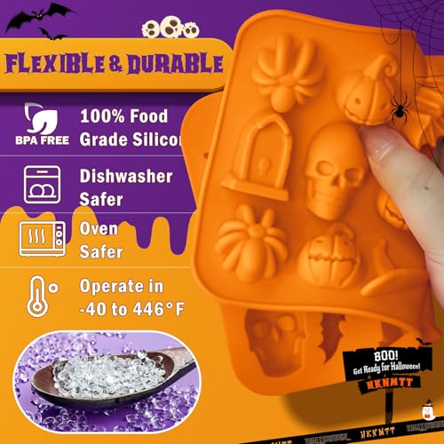 Image of Halloween Molds Silicone for Chocolate 2 Pack, 3D Halloween Chocolate Candy Gummy Mold Skull Pumpkin Bat Ghost Witch Hat Spider tombstone Shapes Mold