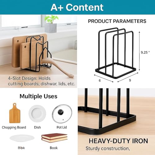 Image of Countertop Dish Rack & Plate Stand - 4-Compartment Iron Dish Drying Rack, Space-Saving Black Kitchen Organizer (6 x 9 x 9.25 Inches)