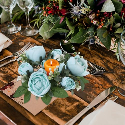 Luxshiny Candle Flower Ring Rose Candle Rings Wreaths Candlestick Wreaths Rings Flower Garland Centerpieces for Tables(Blue)