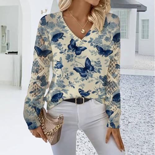 Geleglaer Womens Floral Sweater Lightweight Long Sleeve V Neck Crochet Sweaters Fall Casual Cute Print Knitted Pullover Tops2