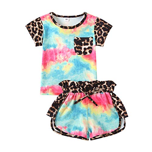 Kid Baby Girls Summer Shorts Set Leopard T-Shirt Top Drawstring Shorts 2Pcs Tracksuit Clothes Set 6M-6Y (Tie Dye-Blue+Red, 5-6Y)
