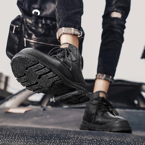 Image of Men's Leather Lace Up Motorcycle Combat Boots Retro Round Toe lug sole Chukka Ankle Boots Casual Waterproof Oxford Dress Work Boot