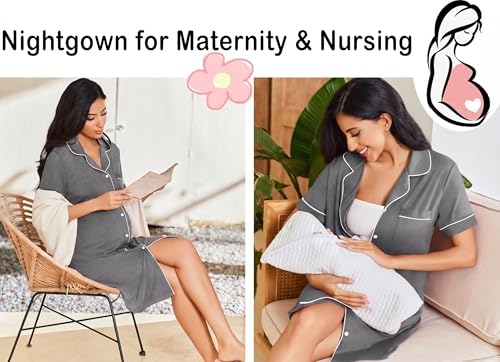 Image of Ekouaer Nightgowns for Women Button Down Sleepshirt Short Sleeve Nightshirt Boyfriend Pajamas V Neck Nightdress S-XXXL