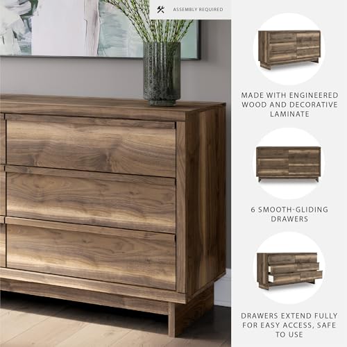 Image of Signature Design by Ashley Darcalli Retro 6 Drawer Dresser with Easy Glide and Safety Stop, Brown