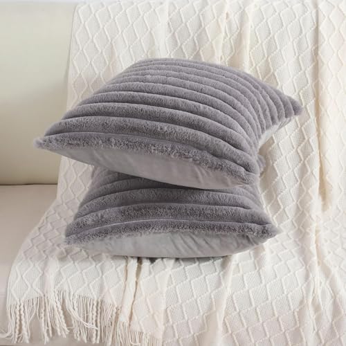 Image of MONKDECOR Single Sided Faux Fur Plush Throw Pillow Covers 12x12 Set of 1 Fuzzy Striped Soft Cozy Pillowcase Luxury Decorative Pillows Square Shaggy Cushion Covers for Couch Sofa Bed, Grey Color
