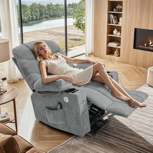 DWVO Power Lift Recliner Chair with Massage & Heat, Modern Fabric Recliner Chair, Spacious Fabric Seat, USB Ports, Cup Holders & Remote Control for Living Room, Light Gray