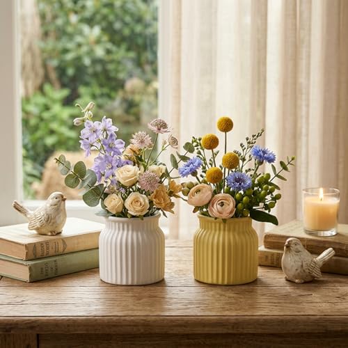 Image of TrustBasket Sereno Decorative Plastic Flower Vase Set White & Yellow, Modern Table Top Home Decor Accent for Living Room Bedroom, Office, Compact Minimalist Durable Vase Set of 2