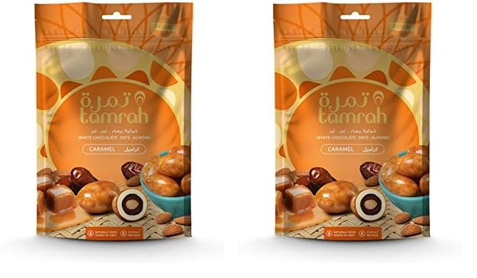 Tamrah Caramel Chocolate with Dates & Almonds Coated in Premium White Chocolate – Luxurious Treats for Gifting, Sharing, and Special Occasions – 100g Zipper Bag (Pack of 2) Mini (Pack of 2)