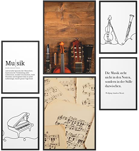 Papierschmiede® Mood Poster Set Musik, Fertiges Bilder Set mit Rahmen (Holz, schwarz), Wohnzimmer Deko Schlafzimmer, 2x DIN A4 und 4x DIN A5, Noten...