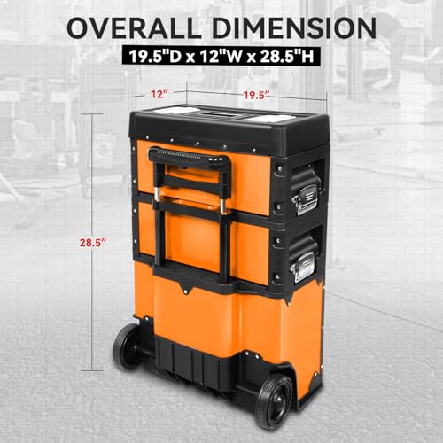 Image of Auto Dynasty Stackable Tool Box 3-Tier Tool Separate Organizer Rolling Tool Chest with Wheels 3-in-1 Upright Trolley for Garage or Workshop, Orange