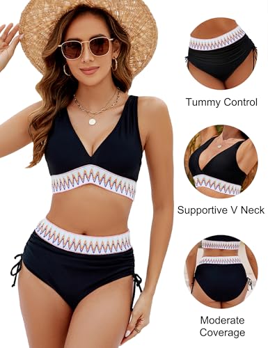Image of Blooming Jelly Women High Waisted Bikini Tummy Control Color Block Swimsuits Two Piece Bathing Suit (L, Black)