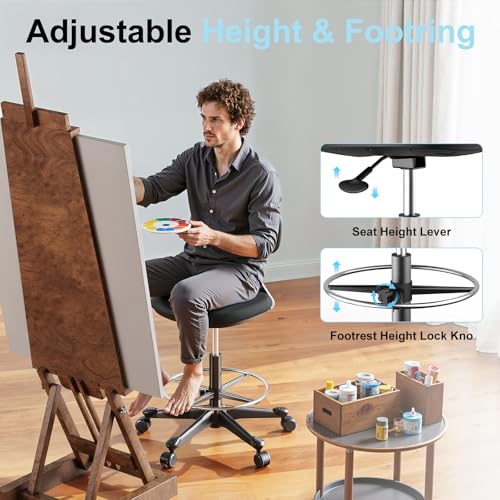 Image of Drafting Chair with Auto-Lock Gravity Wheel,Height Adjustable Standing Desk Chair,Tall Drafting Stool,with Back Support & Foot Rest,No Arms,for Studio,Lab,Office or Home