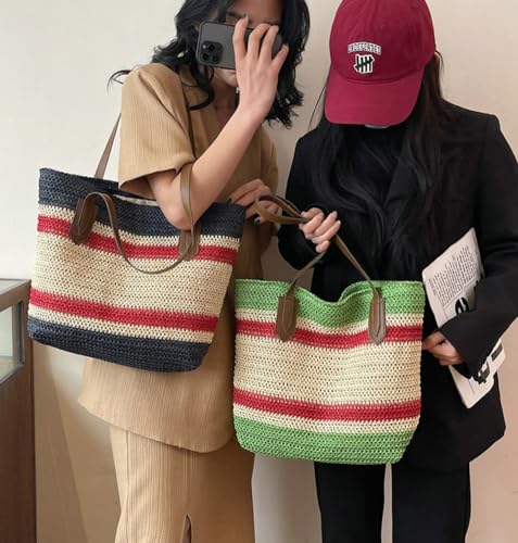 Summer Straw Shoulder Bags for Women Large Straw Beach Bag Color Strip Woven Tote Bags Handbag Woven Tote Bag Purse 20252