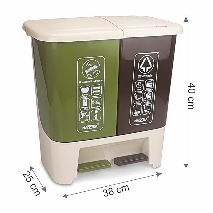 Image of Nayasa 2 in 1 Pedal Dustbin Bold - 25 L (12.5 L Each) | Twin Compartment Wet & Dry Waste Bin | Durable Plastic Pedal Bin for Home, Kitchen & Bathroom | Brown & Green