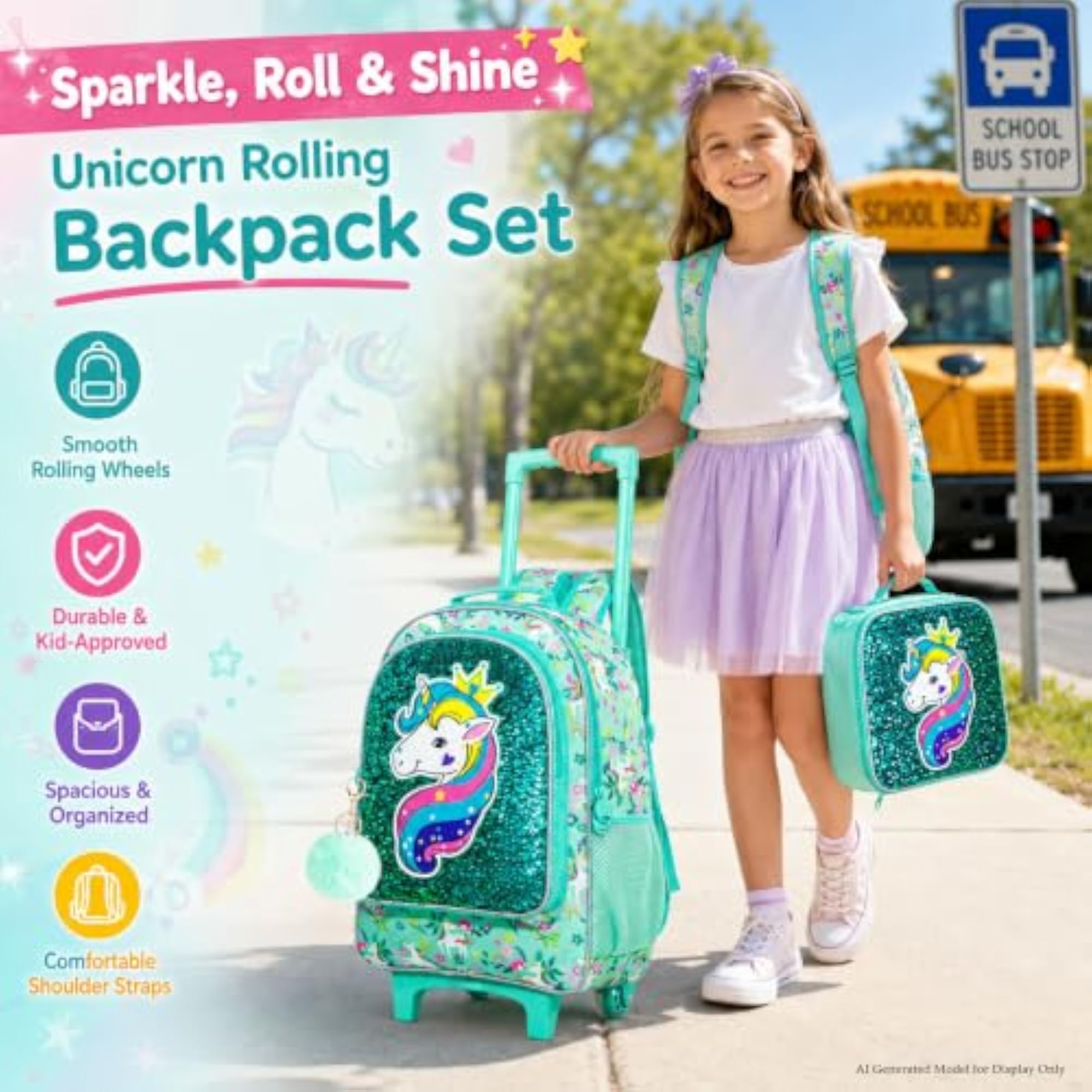 3PCS Unicorn Rolling Backpack Set for Kids