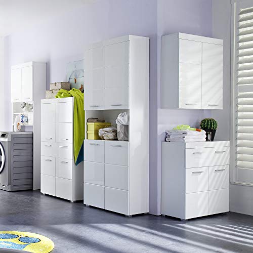 Trendteam Smart Living Amanda Bathroom Wall Cabinet, 73 x 77 x 23 cm, White / High-Gloss White with Lots of Storage Space