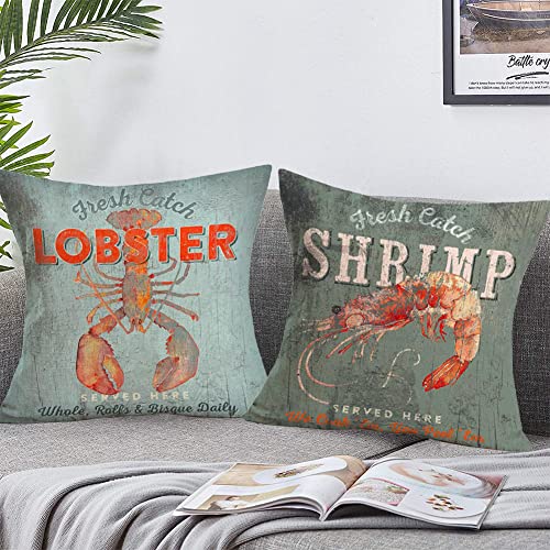 Doitely Rustic Ocean Animal Throw Pillow Cover Sea Theme Fresh Catch Bay Crabs Shrimp Lobster Seahorse Home Decorative Throw Pillow Case Cushion Cover For Couch Sofa Bed, Set Of 4 (Oc, 18" X 18") #TOP3