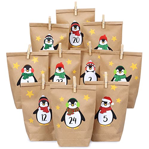 Papierdrachen DIY Adventskalender Kraftpapier Set - Pinguine zum Aufkleben - mit 24 braunen Papiertüten zum selbst Befüllen und zum Selbermachen - Weihnachten