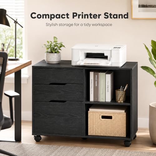 Image of Simple Deluxe 3 Drawer Rolling File Cabinet, Wood Printer Stand with Adjustable Shelf for Home Office Study Organizatiom, Black
