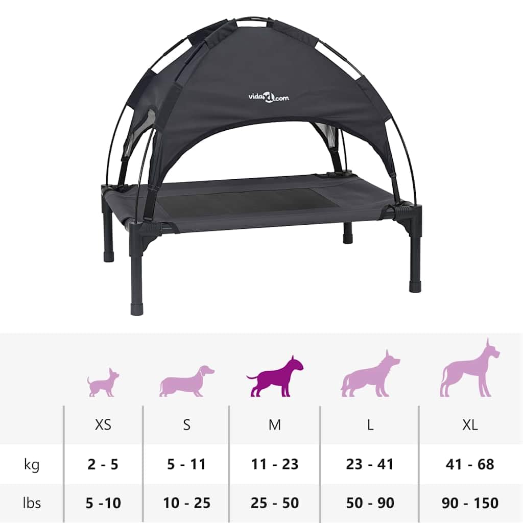 Cuccia per cani in acciaio nero, 76 x 62 x 70,5 cm, rialzata, traspirante, antigraffio, per interni ed esterni, con cuscino antiscivolo e tettuccio parasole rimovibile