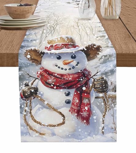 Image of Christmas Cotton Dining Table Runner for Home Kitchen, Western Christmas Forest Cowboy Snowman Washable Dresser Scarf Xmas Decoration for New Year Party Restaurant, 13 x 60 Inch