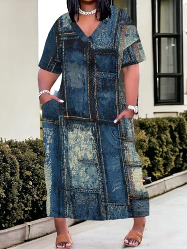 Image of SUZONANA Plus Size Denim Print Maxi Dresses for Women Casual V Neck Short Sleeve with Pockets Soft Jean Look Dress XL-6XL