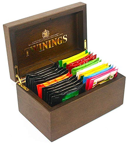 Twinings Exclusive Luxury Dark And Gold Wooden Tea Chest 2 Compartment With 24 Twinings Black And Fruit And Herbal Tea Bags, Box, Caddy