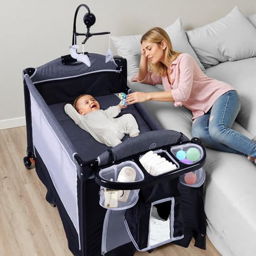 TODEFULL 4 in 1 Pack and Play, Multifunction Baby Bassinet Bedside Crib, Portable Baby Nursery Playard w/Changing Table, Storage Basket, One-Hand...