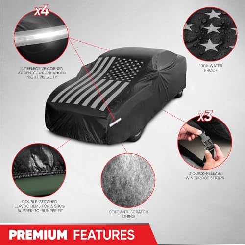 Image of Motor Trend Black USA Flag Waterproof Car Cover - All Weather Outdoor Protection, UV Resistant, Windproof, Scratchproof - Semi-Universal Fit Sedan Full Car Cover for Sun Rain Snow (191 inch- 210 inch Length)