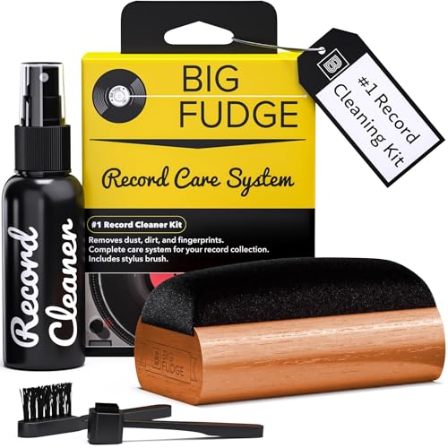 Big Fudge Kit De Limpieza Vinilos - 4-en-1 - Cepillo de Terciopelo para Disco y Otro para la Aguja, Solución Limpiadora y Bolsa de Almacenamiento - Limpiador Vinilos Discos