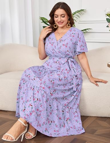 Image of ShopWonder Womens Plus Size V Neck Wrap Maxi Dress High Waist Ruffle Summer Casual Dress with Belt
