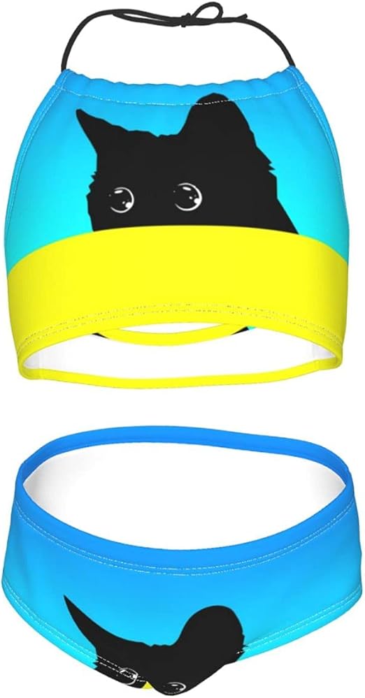 Funny Black Cat Girls Swimsuit 2Piece Beach Sport for 26 Years Kids