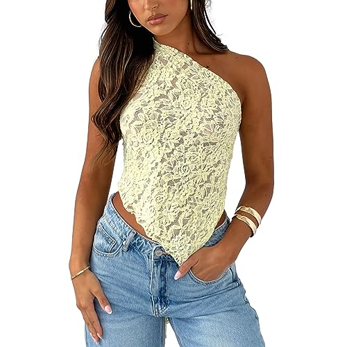 Going Out Tops for Women Lace Vest Sleeveless One-Shoulder Backless Irregular Summer Tops Clubwear for Party