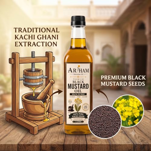 Image of Sarsona Oil Arham Sarsona Black Mustard Oil 1L | Cold Pressed Kachi | Ghani Sarson Ka Tel | 100% Pure, Unrefined, Lab Tested | No Chemicals, No Preservatives | Rich in Omega 3 & 6 | Pack of 1
