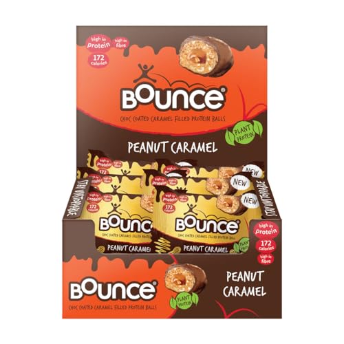 Bounce Chocolate Peanut Caramel Vegan Protein Balls - Chocolate Coated Caramel Filled High Protein Snack Low Calorie & Gluten Free - 12 Pack