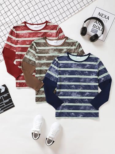 PureChapter 3 Pack Boys’ Fashion Layered Striped Tshirt Crew Neck Long Sleeve Casual Boys Clothes Perfect for Fall & Winter3