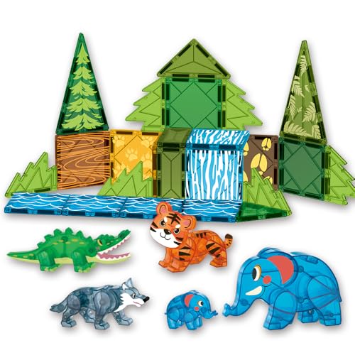 Voxifyx Magnetic Tiles Set Jungle Animals Theme Toys, Magnet Tiles Building Blocks Toys for Kids Ages 4-8